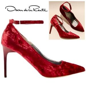 Oscar de la Renta Shoe Red Velvet Heels Stiletto Heel Dress Designer Shoes 37.5